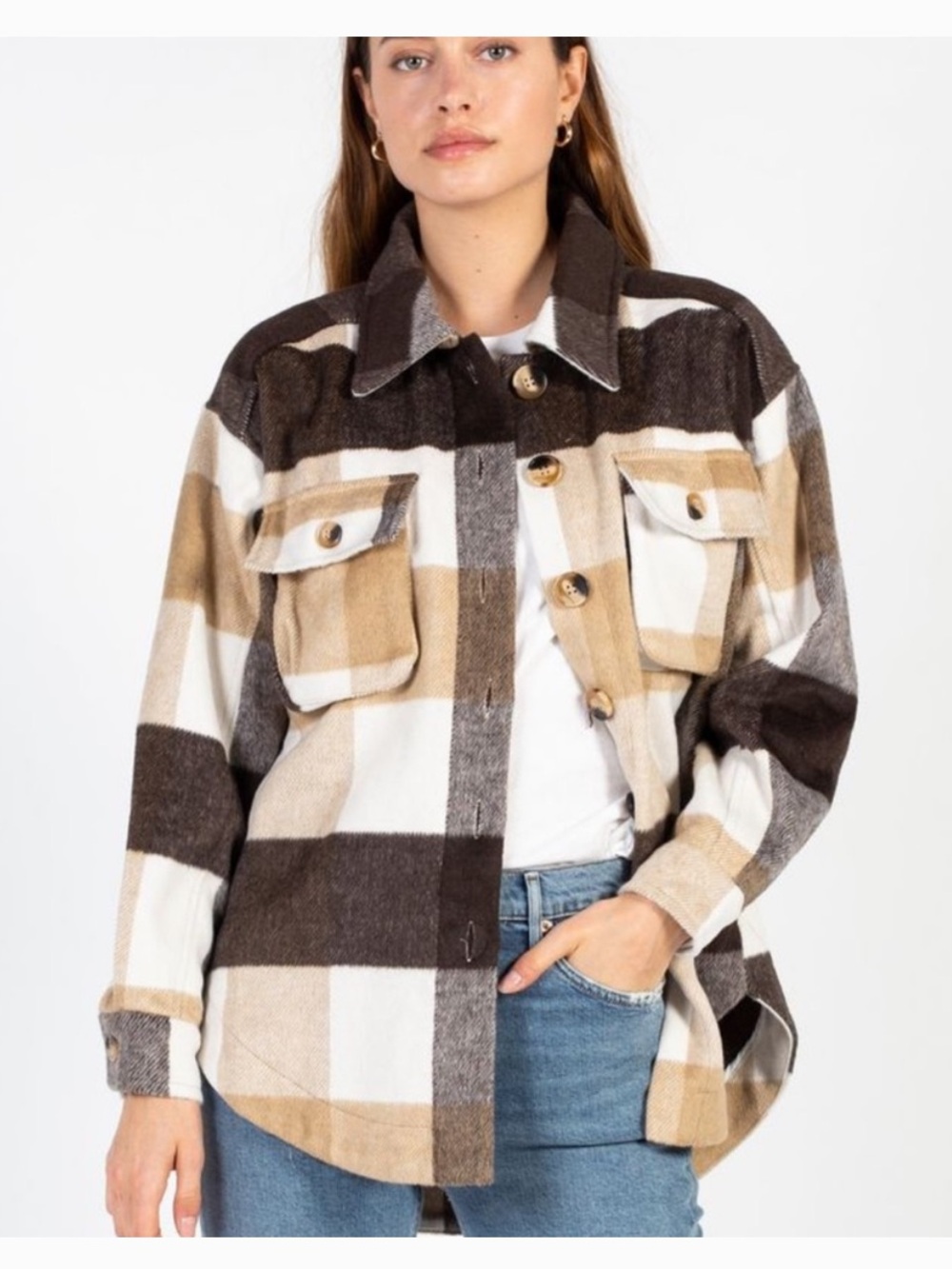 moodie Plaid Oversized Button-Down Jacket in Brown, Tan & Cream
